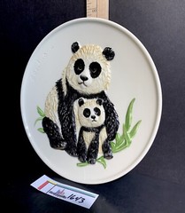 GOEBEL Panda Bear Mother & Baby Ceramic Black & White Plate 1977 Bas Relief