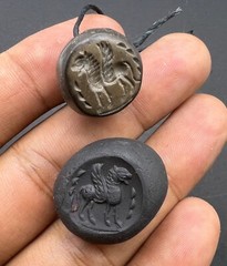 Jasper Stone Pair Of Old Ancient Sassanian Era Different Intaglios Stamp Beads