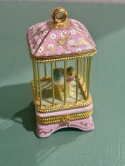 Limoges France Birdcage w Budgerigar Love Bird Parakeet Pair & Gold Trinket Box