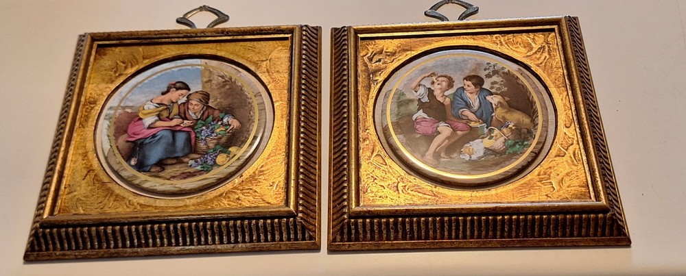 VTG Pair Sungott Studio NY Porcelain Framed Art Gold Gilt Italian Scenes