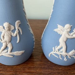 Wedgwood Blue Jasperware Four Seasons Cherubs Salt & Pepper AND Pair Bud Vases