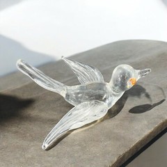 Hand Blown Art Glass Clear Bird Figurine Delicate With Red Orange Eyes Hand Made