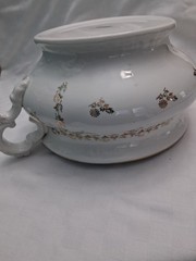 Vtg Ornate Chamber Pot With Lid White with Gold floral design, Victorian?