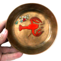 Bovano of Cheshire Vintage MCM 50s Enamel on Copper LOBSTER 5″ Dish Trinket CONN