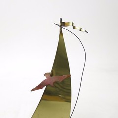 Vtg Mid Century Brass Sailboat Sculpture w/ Bird DeMott Onyx Base Signed