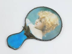 VTG Blue Stained Slag Glass Hand Mirror Girl Leaded Bird Art Nouveau Style
