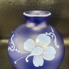 Vintage Bohemian Hand Blown Art Glass Enameled Flower Paint Vase Bowl Blue VTG