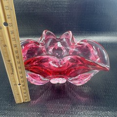 Hand Blown Bohemian Cranberry Art Glass Dish Bowl Folded Edges Original Sticker