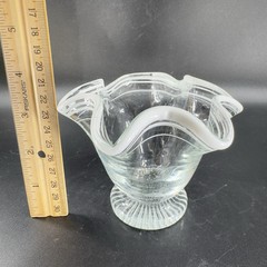 Vintage Glass Dish Bowl Clear White Ruffles Scroll Footed Base Candy Dish VTG