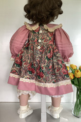 Vintage 28″ Porcelain Toddler Doll Brown Hair Eyes Pink Dress Floral Pinafore