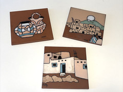 Lot 3 Art Pottery 6″ Tiles Hand Painted Signed Southwestern Design Trivets
