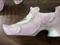 2 Antique 1868 Porcelain Slippers Victorian Edwardian Gold Trim Hand Painted PJF
