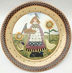 Williraye Studio Plate Girl Holding Pie 1999 Fall Birds Sunflowers Farm Lady