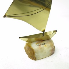 Vtg Mid Century Brass Sailboat Sculpture w/ Bird DeMott Onyx Base Signed