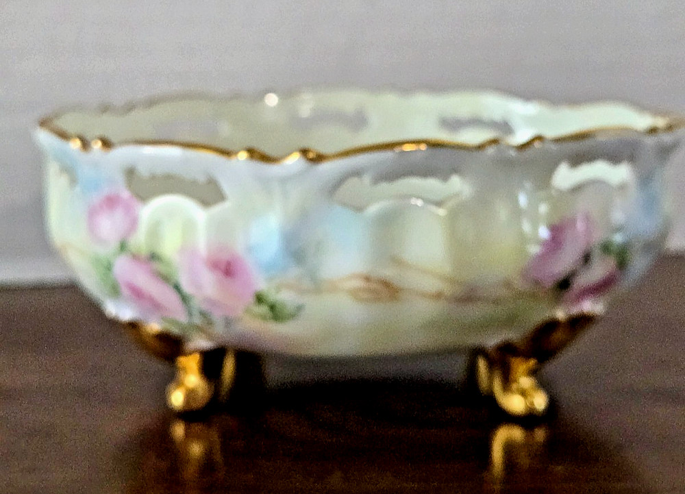 Antique Hand Painted Porcelain Footed Bowl Pink Roses Pierced Rim Gold Gilt