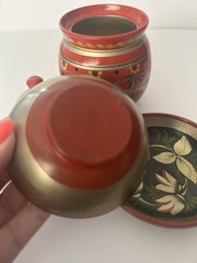 Traditional Folk Art Russian Khokhloma Lacquerware Hand Painted Pot Lid & Bowls.