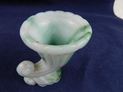AKRO-AGATE #765 CORNUCOPIA TOOTHPICK HOLDER GREEN/WHITE SLAG GLASS, SET OF 2
