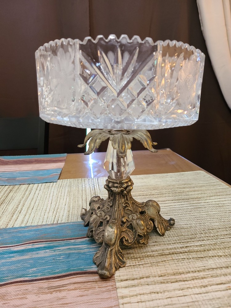 American Brilliant Cut Crystal Compote Bowl Brass Pedestal VTG Mid-Century