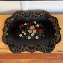 VTG Black Tole Toleware Painted Tray Scalloped Floral Cottage Goth Boho 20″x25″