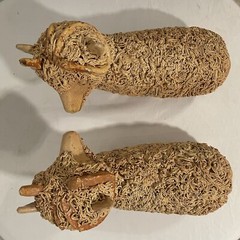 Vintage Spaghetti Pottery Lamb Ram Sculpture Figurine Poland Signed SET of 2