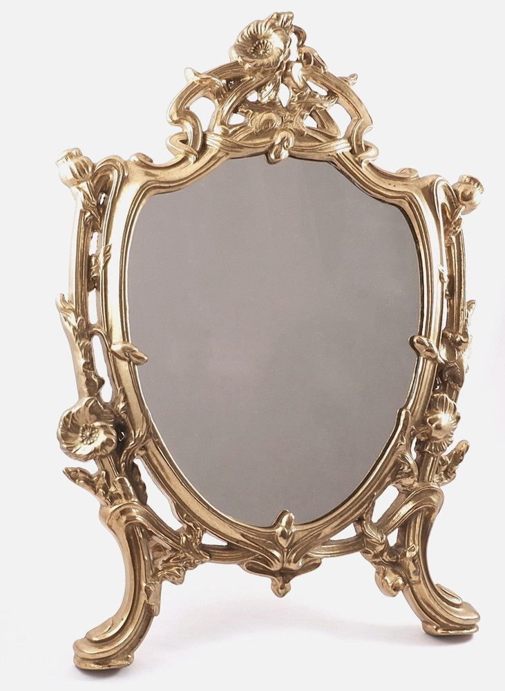 Art Nouveau Floral 14″ Metal Easel Back Table Mirror Signed