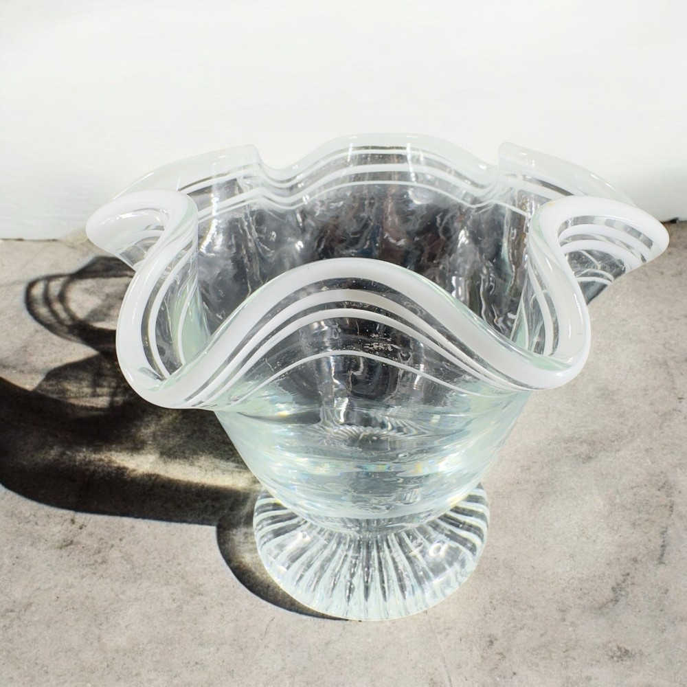 Vintage Glass Dish Bowl Clear White Ruffles Scroll Footed Base Candy Dish VTG