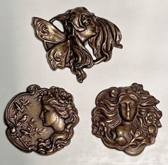 Lot of 3 Vintage Bronze Art Nouveau Repousse Medallions, About 1″ Each