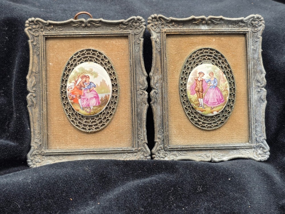 Vintage Pair Ornate Cast Metal Frames Limoges Style Porcelain Romantic Plaques
