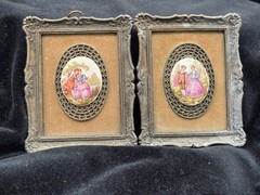 Vintage Pair Ornate Cast Metal Frames Limoges Style Porcelain Romantic Plaques