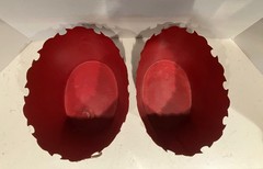 VTG RARE PAIR RED/GOLD CHINOISERIE TOLE CACHE POTS, GOLT GILT HOLLYWOOD REGENCY