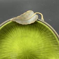 Evans Hand Enameled Copper Metal Green Dish Brass Trim Leave 4.5inch Plate Dish