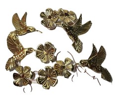 4 Pc Vintage Gold Hummingbird Wall Art Decor Brass Metal Flowers Hummingbirds