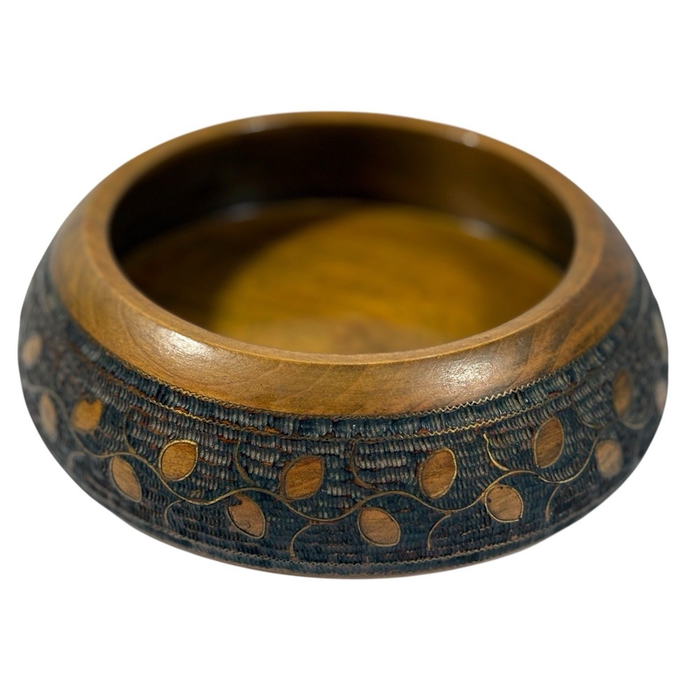 VTG Willi Huggler Brienz Brown Inlaid Leaf Wood Bowl Folk Art Switzerland