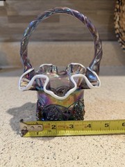 Vintage 1990’s Fenton Glass Basket 7” Tall Purple Iridescent Ruffled White Edge