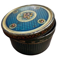 Vintage Blue Ameryl Candy Tin Gold Floral Marinello New York Chicago round