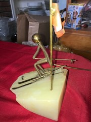 VTG John DeMott Signed Metal BRASS Downhill Skier Sculpture Quartz Base 8¾” Tall
