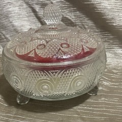 Vintage Avon Pressed Glass Round Footed Powder Trinket Candy Dish w/Lid & Powder