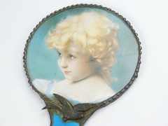 VTG Blue Stained Slag Glass Hand Mirror Girl Leaded Bird Art Nouveau Style