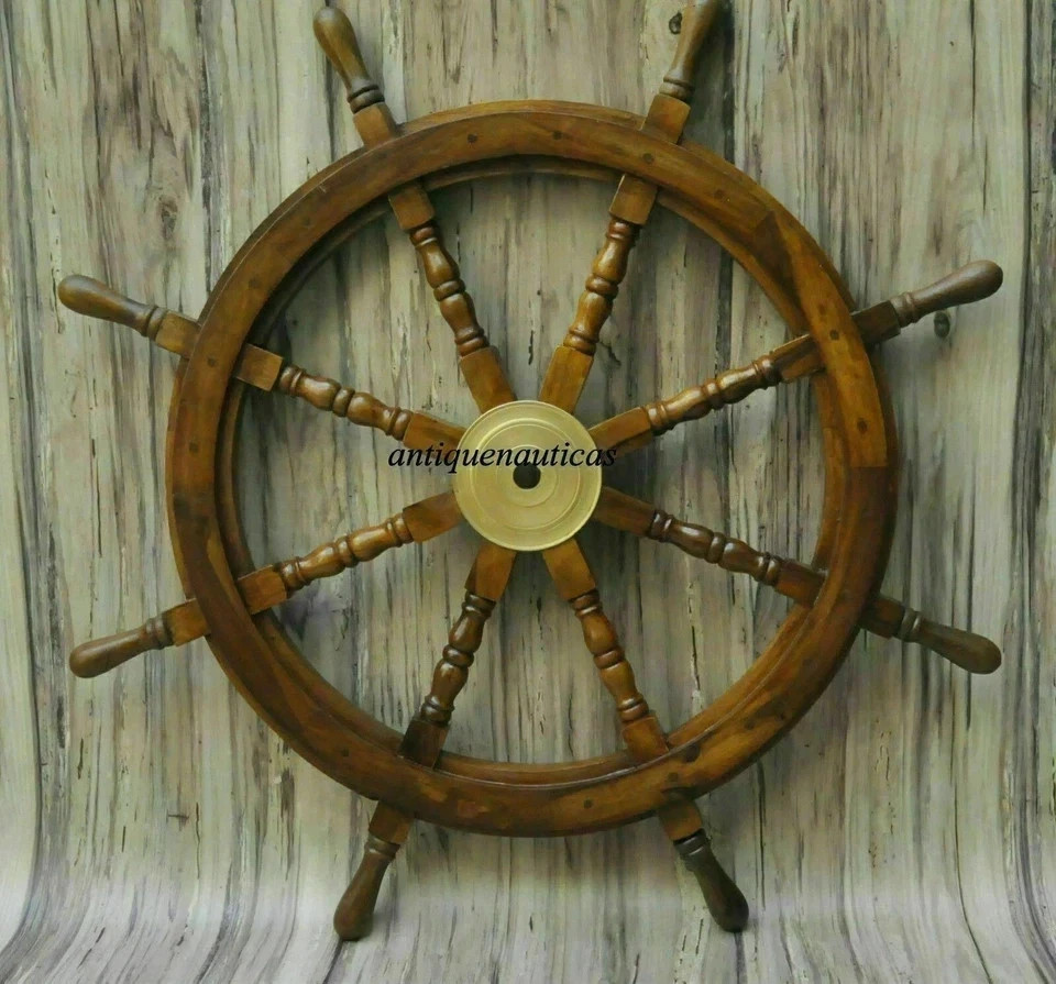 36″ Big Wooden Ship Steering Wheel Handmade Antique Teak Brass Nautical Pirate