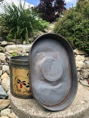 Vintage Jean Dewey Signed Primitive Painted Toleware Bail Handle Tin Lunchbox