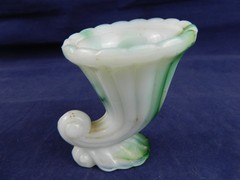 AKRO-AGATE #765 CORNUCOPIA TOOTHPICK HOLDER GREEN/WHITE SLAG GLASS, SET OF 2