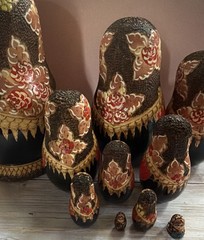 Wood burned Nesting/Traditional. 9.5 Piece Painted Detail – SIGNED. Russian