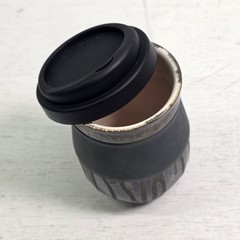 Handmade Pottery Travel Mug Cup With Lid Gray Black Drip Glaze Signed Art EUC