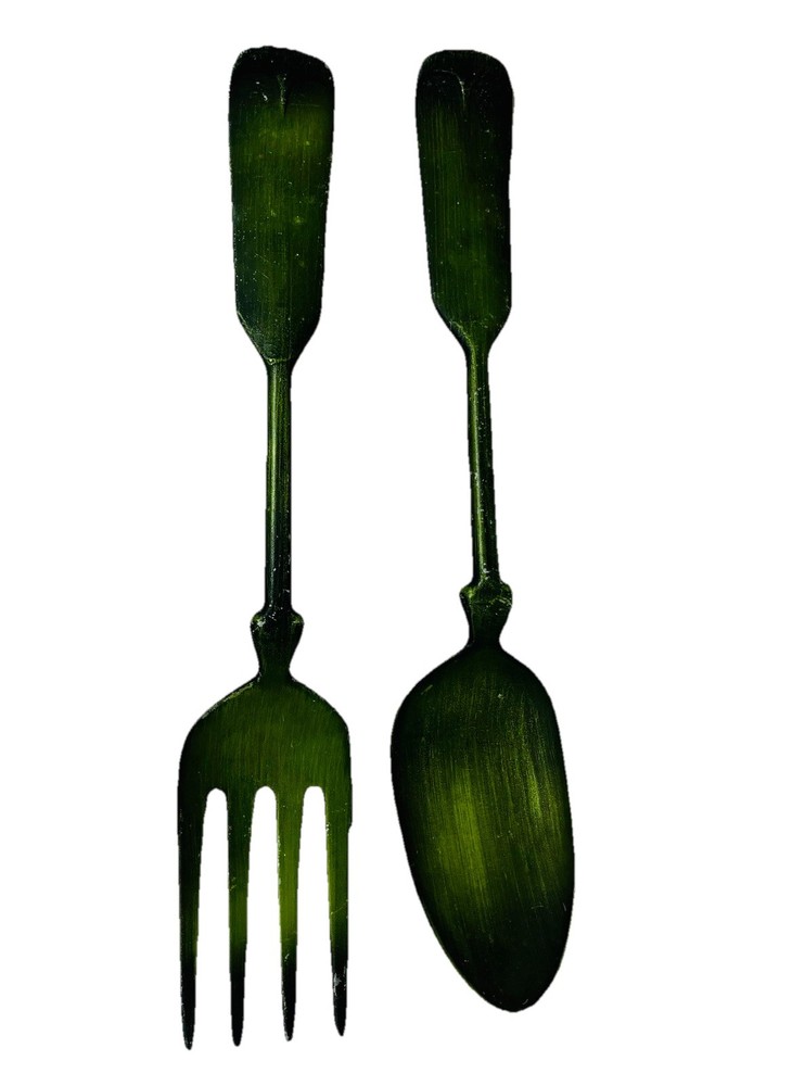 Vintage MCM Fork & Spoon Wall Decor 21” Olive Green Aluminum Cast