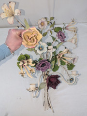 Gorgeous Large Italian Tole Painted Metal Flowers Roses Wall Sconce 3 Candle