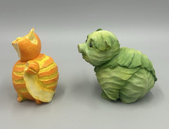 Set of 2 Enesco Home Grown Orange Tabby Cat & Green Cabbage Pig Figurines No Box