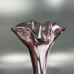 1980s Art Glass Vase Purple With White Spots Wavy Ruffled Top Edges Glass Vase