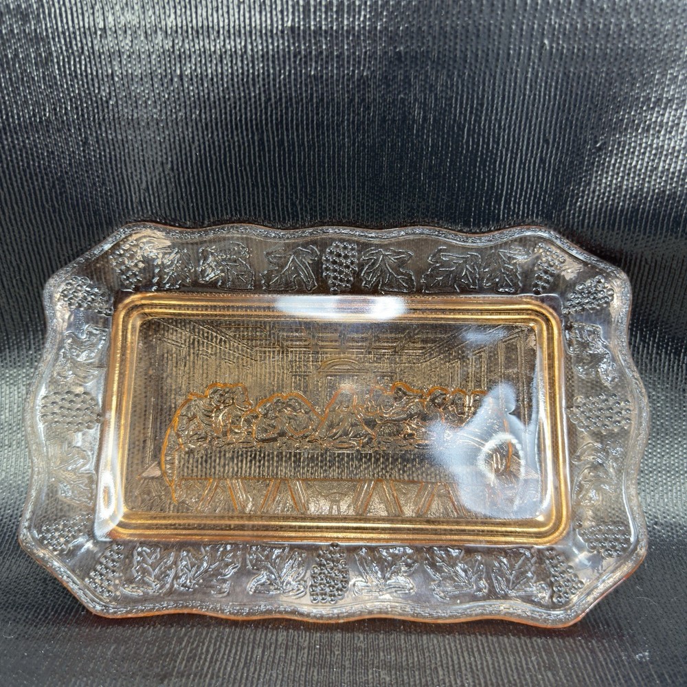 Vintage Tiara Indiana Glass Plate Tray Orange Pink The Last Supper Glass Dish