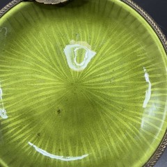 Evans Hand Enameled Copper Metal Green Dish Brass Trim Leave 4.5inch Plate Dish