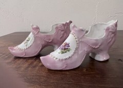 2 Antique 1868 Porcelain Slippers Victorian Edwardian Gold Trim Hand Painted PJF